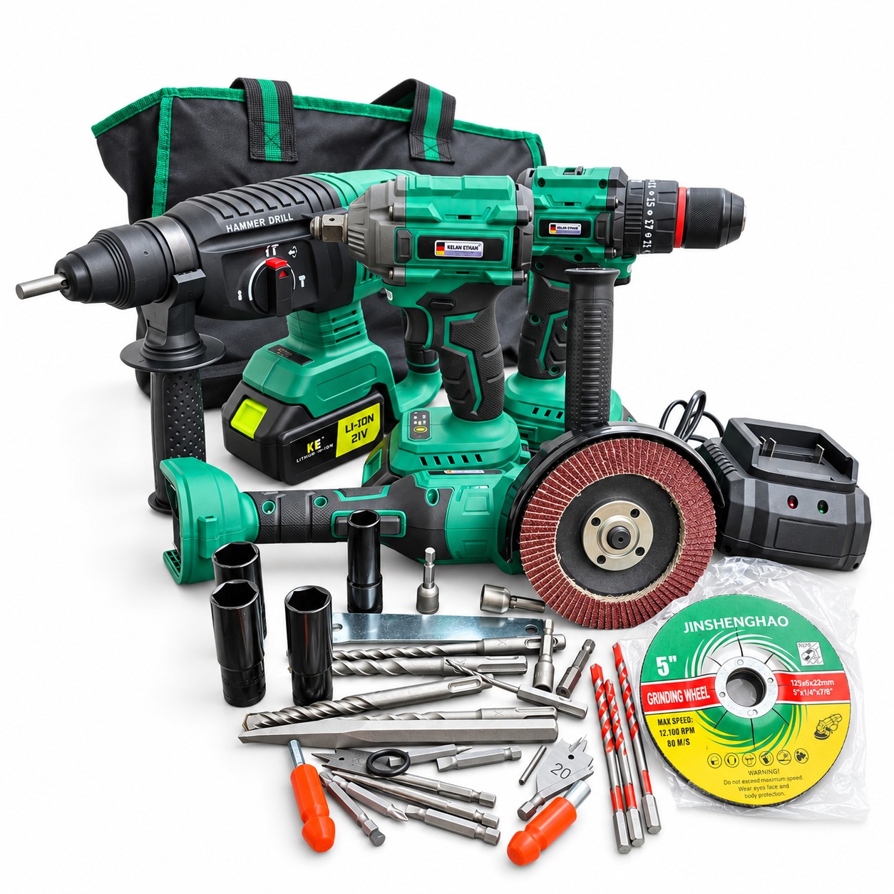 Kit Rotomartillo SDS PLUS, Esmeriladora, Taladro Percutor Y Llave De Impacto 21V Incluye 2 Baterías 2 Ah Y 1 Batería 4 Ah