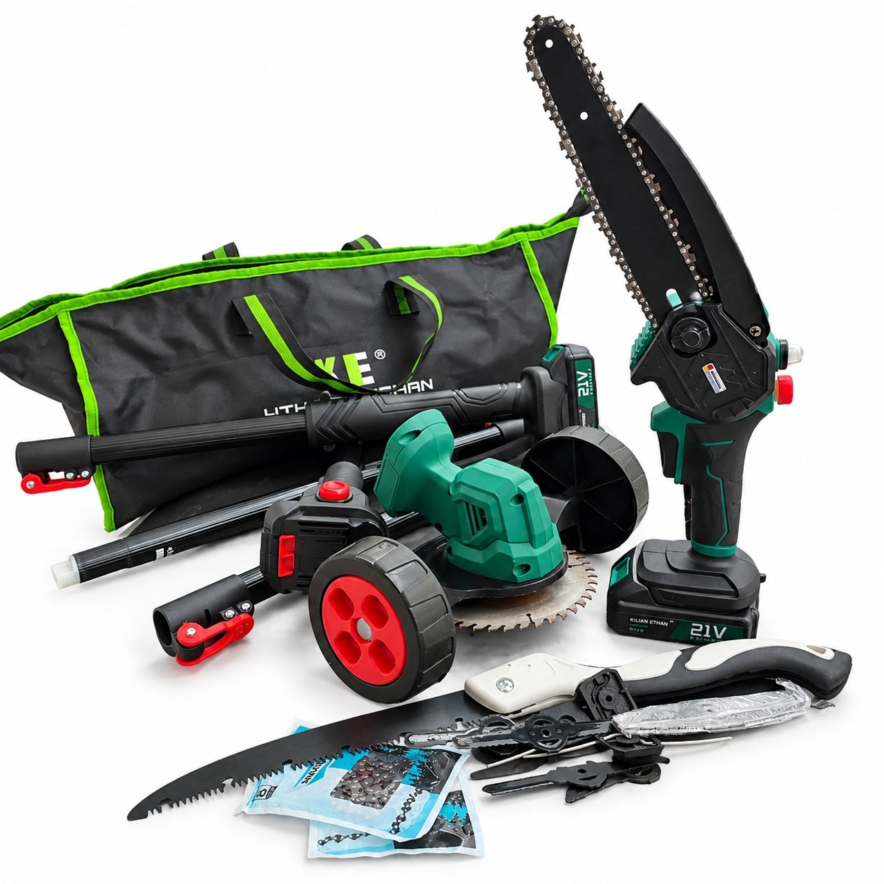 Kit Desbrozadora Y Motosierra 8 Pulgadas Inalámbrica Con Extensión 2.5 Metros Incluye 2 Baterías 2 Ah