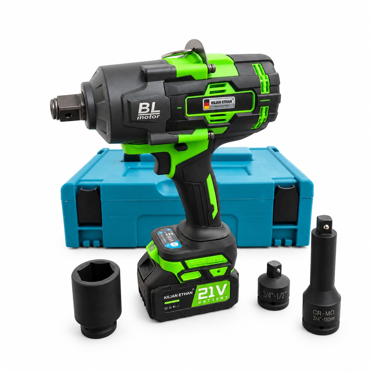 Llave De Impacto Uso Industrial Cuadro 3/4" Incluye Dados, Extensión Y Estuche 21V