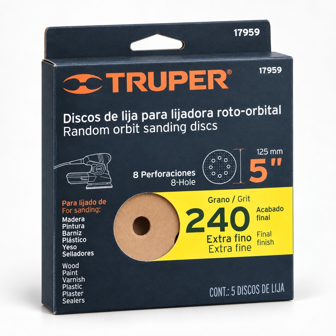 Discos De Lija Truper 5 Pulgada Grano 240, Paquete De 5