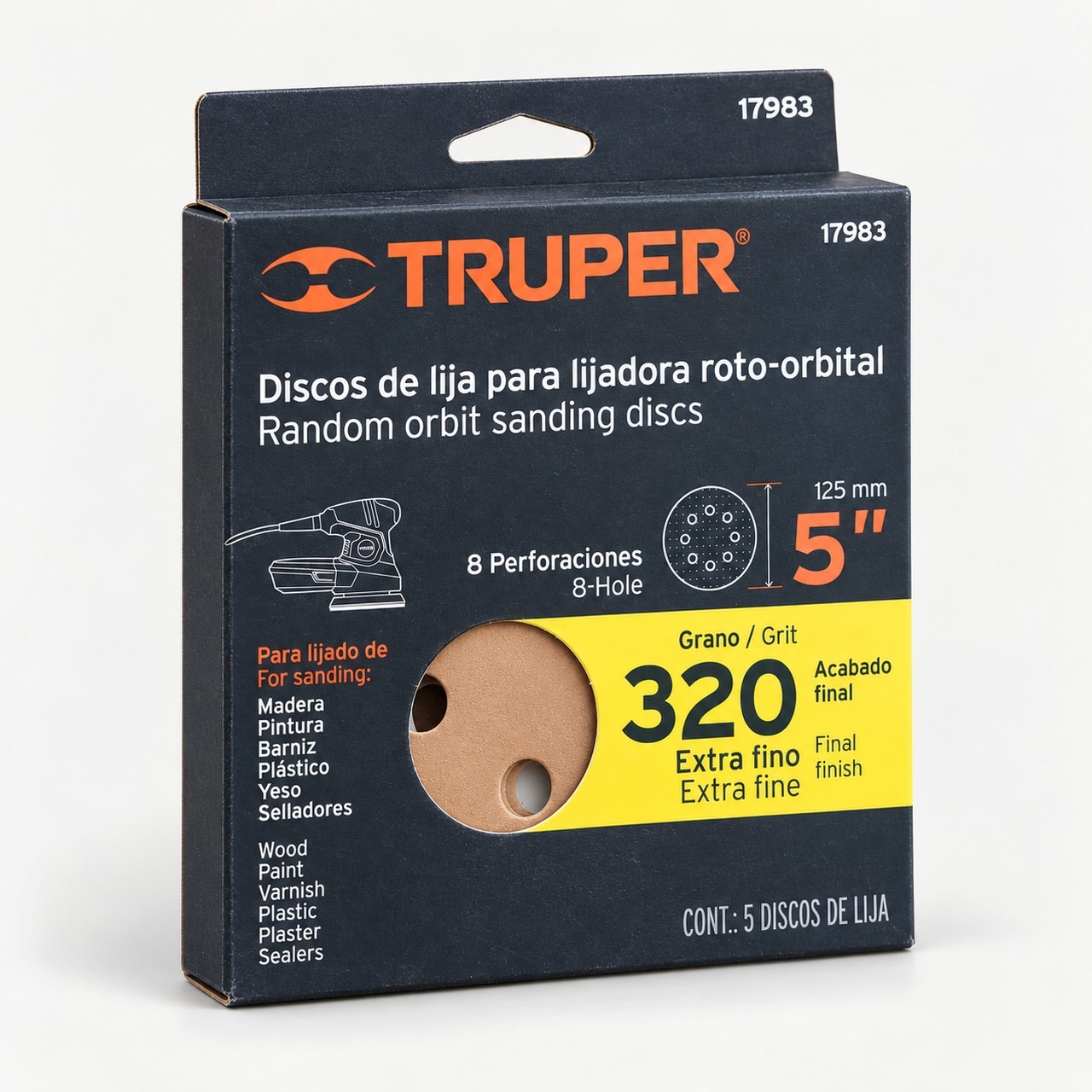 Discos De Lija Truper 5 Pulgada Grano 320, Paquete De 5