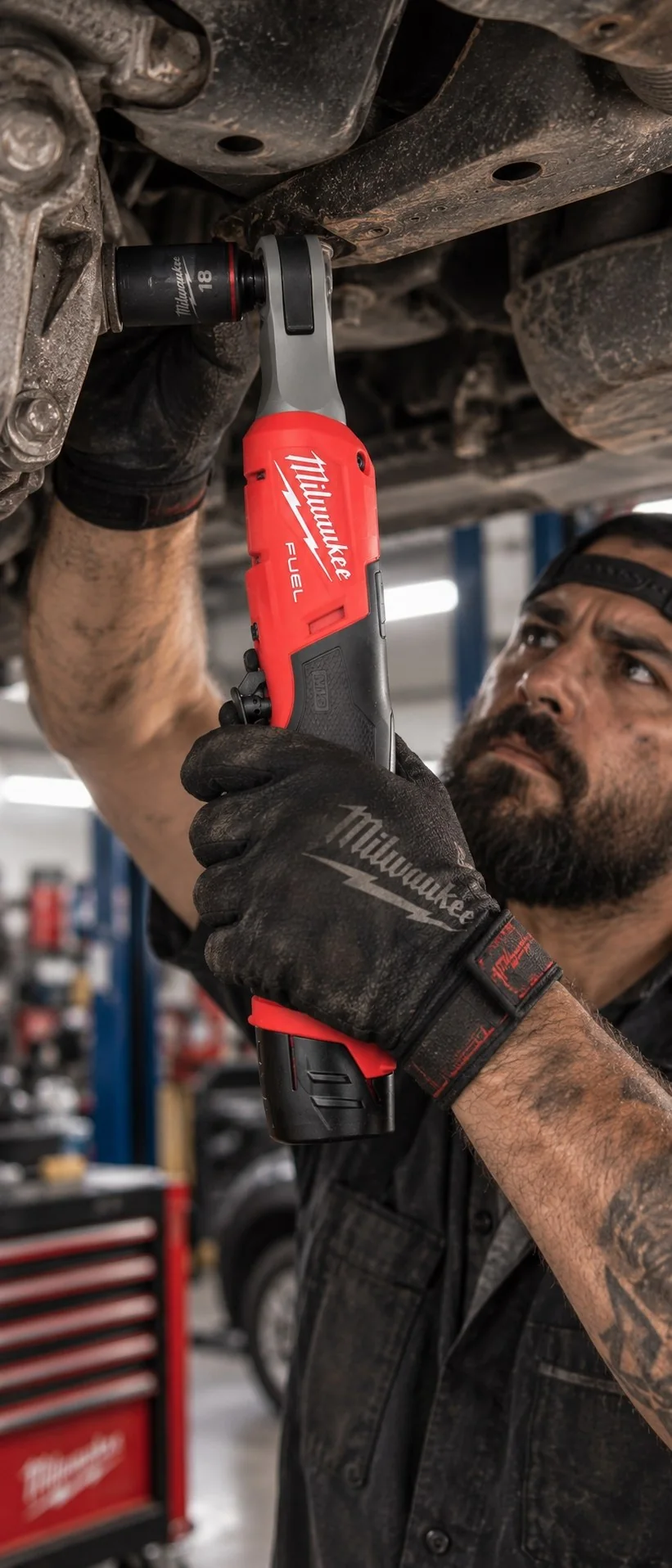 Mec?nico trabajando debajo de un auto con una matraca Milwaukee M12 FUEL