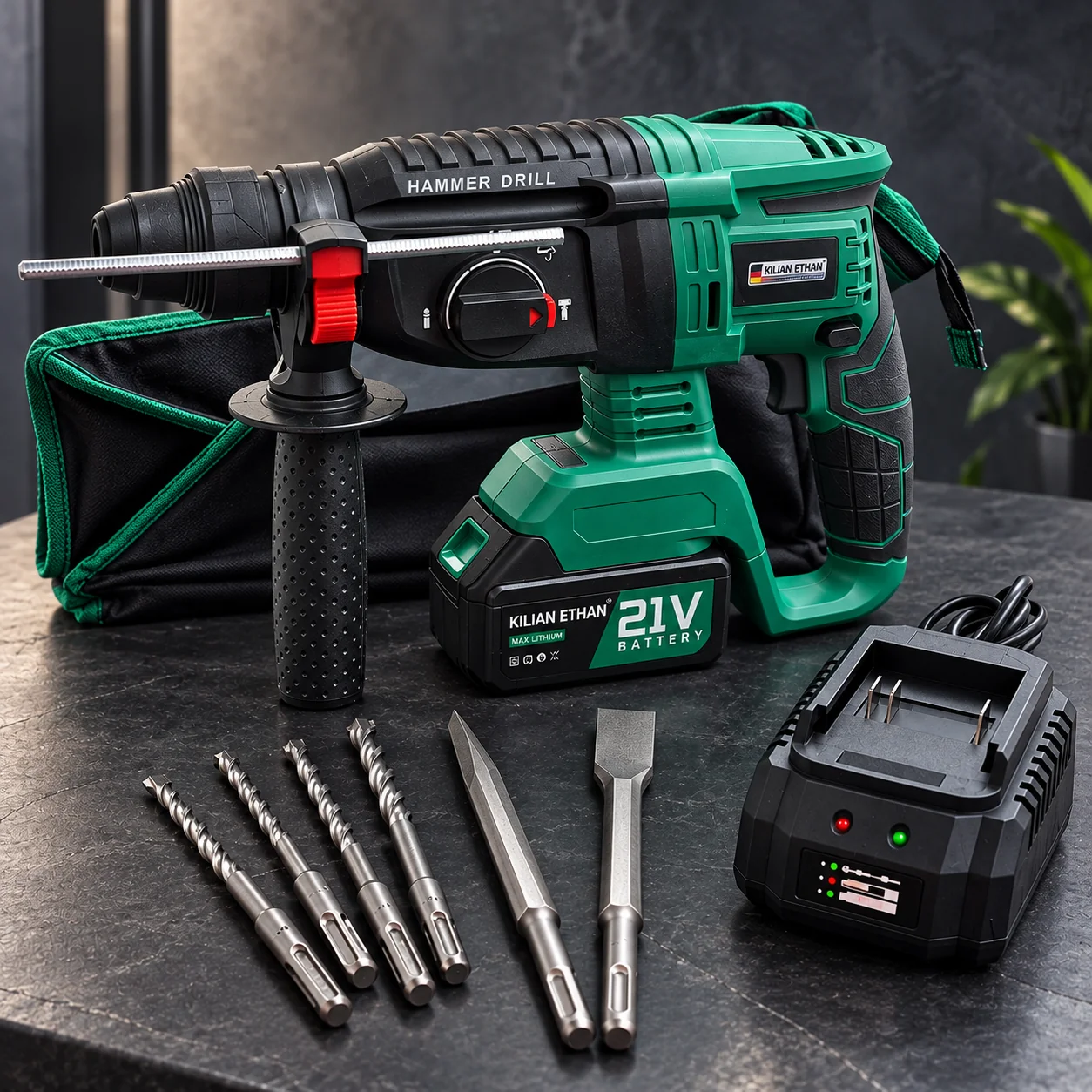 Kit de rotomartillo electro-neumático 21V con batería, cargador, brocas y cinceles